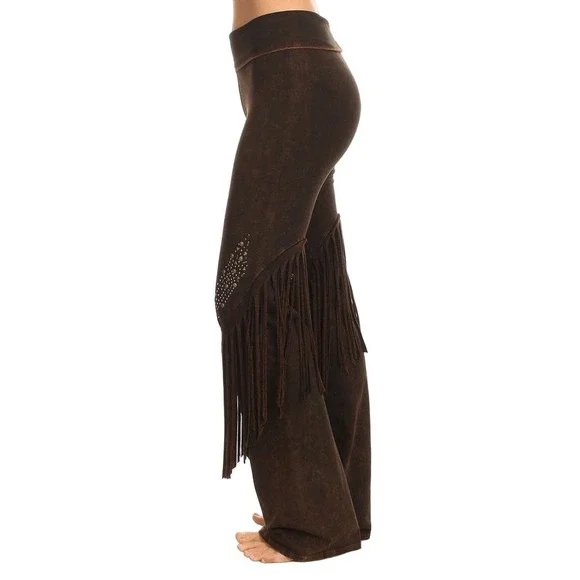 T Party Boho Western Studded Fringe Flare Pants Brown Acid Wash Size Small - Picture 8 of 10